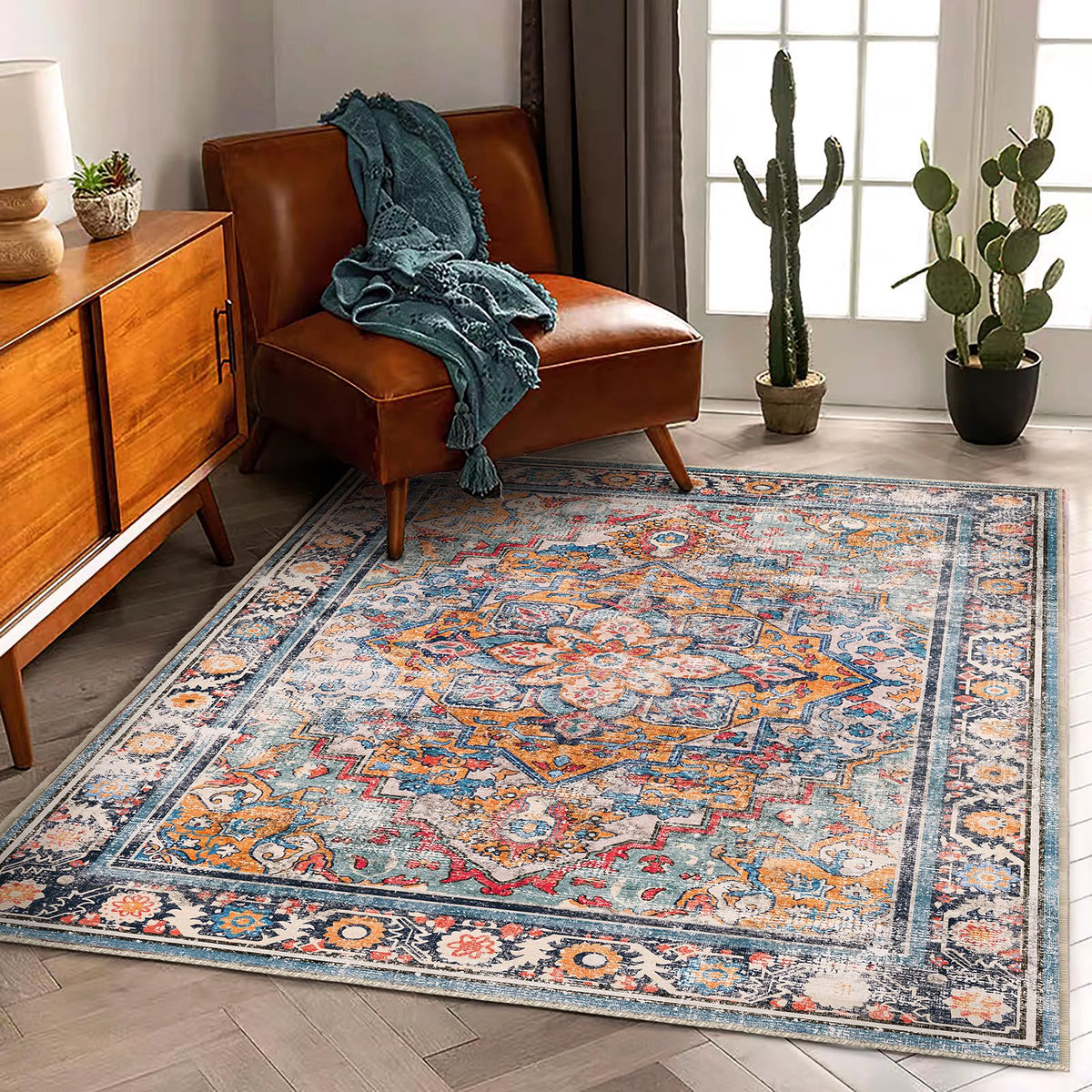 CHAMPLANT 6'x9' Washable Vintage Area Rug Boho Chic Medallion Distressed Design Non-Shedding Easy Care Ideal for High Traffic Areas in Living Room Bedroom Kitchen Office Large Carpet