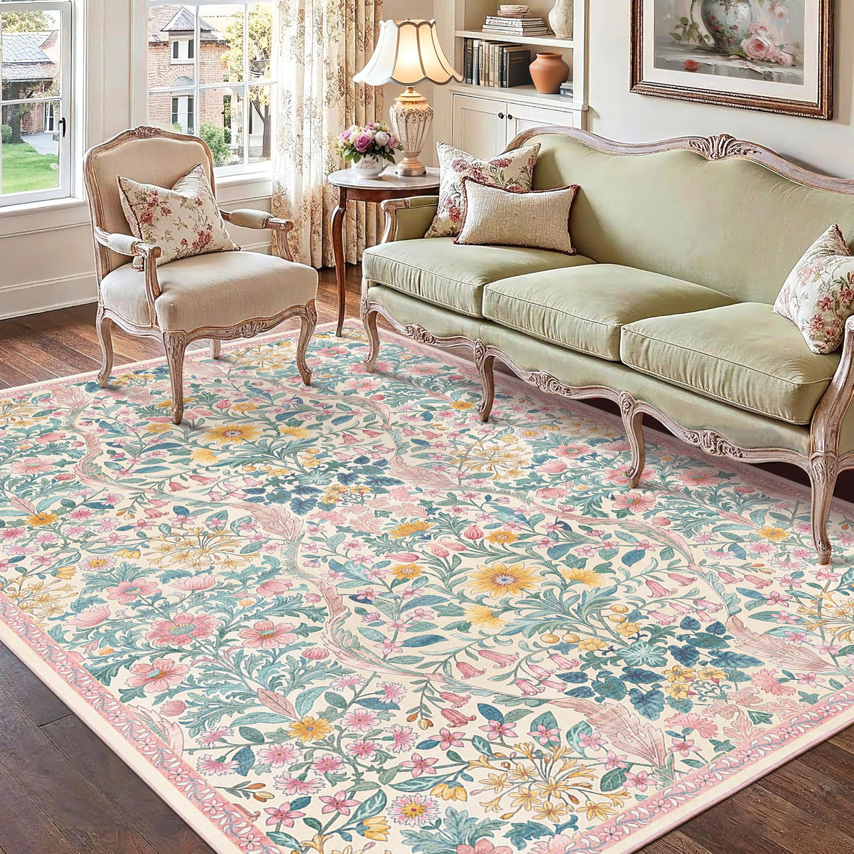 Floral Area Rug 5x7 Botanical Washable Carpet for Living Room