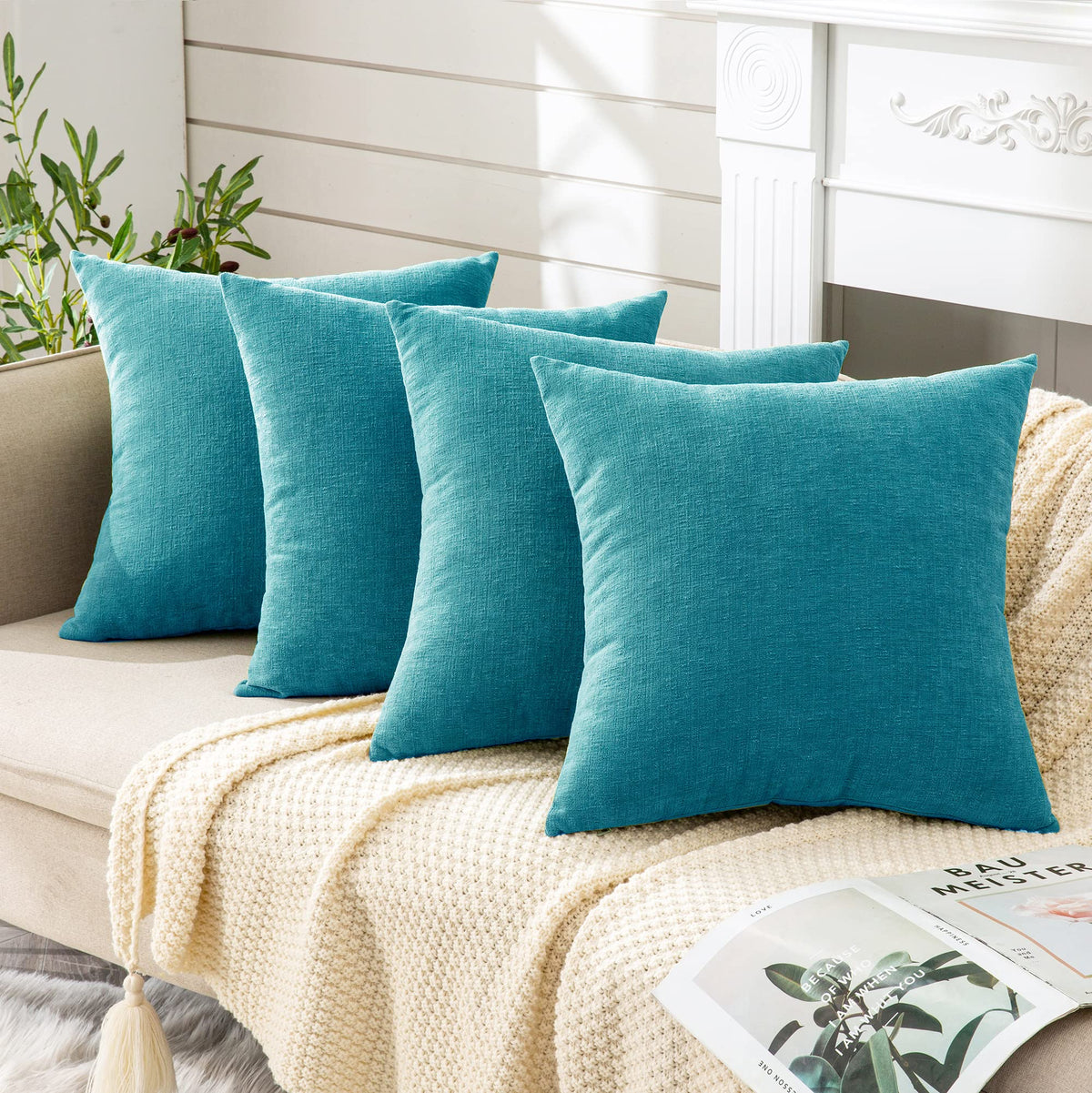 GAWAMAY Decorative Throw Pillow Covers 16x16 Inch Set of 2, Super Soft Chenille Square Pillows Farmhouse Fall Pillowcase for Living Room Bedroom Sofa Couch Cushion Cover Navy Blue 40x40cm