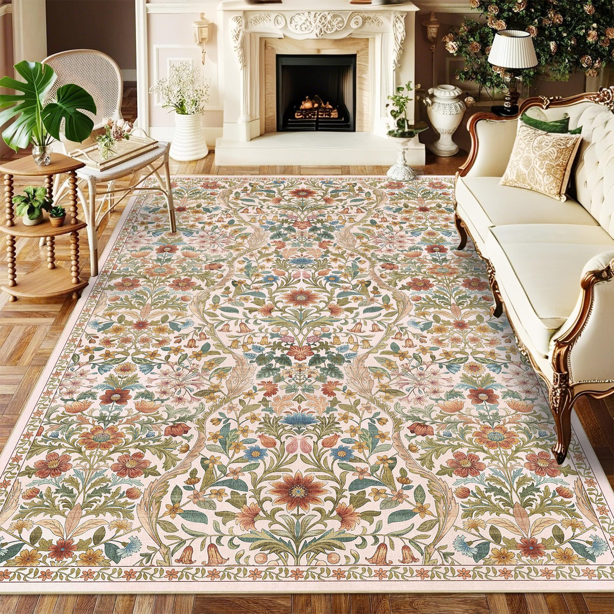 Floral Area Rug 5x7 Botanical Washable Carpet for Living Room