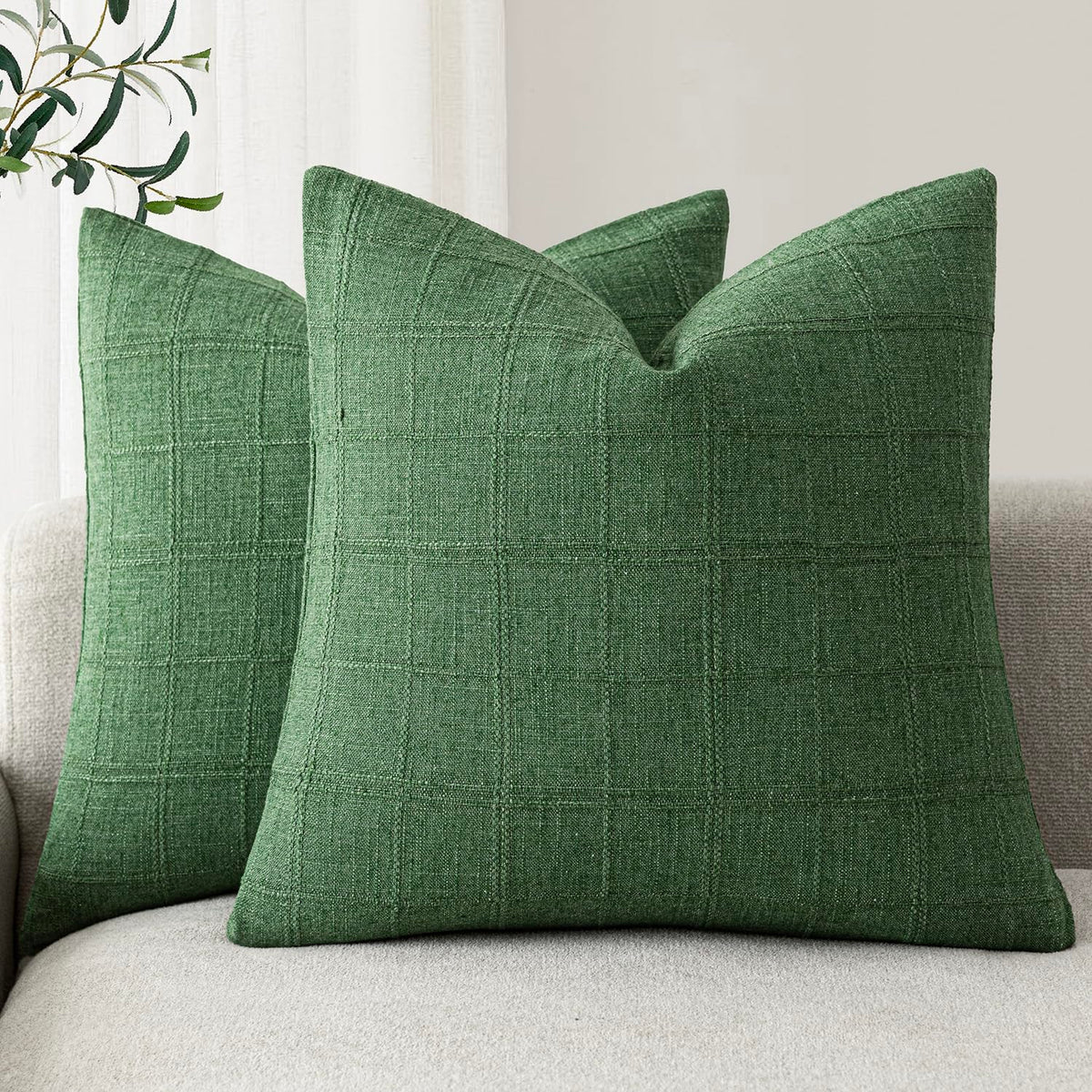 Foindtower Boho Linen Check Decorative Throw Pillow Cover 20×20 Olive Green