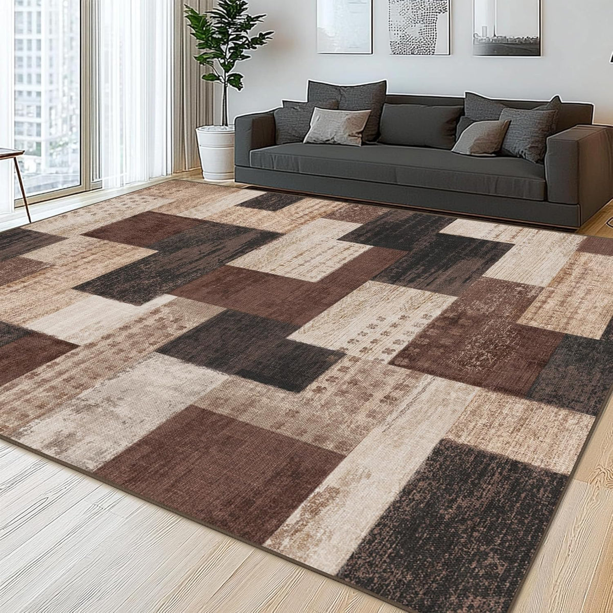 Modern Geometric Patchwork Indoor Area Rug for Living Room, Chocolate 5'x 7' Large Rug Rockwood Collection Hardwood Floors Decor for Bedroom, Brown Throw Carpet for Office Entryway Dining Room