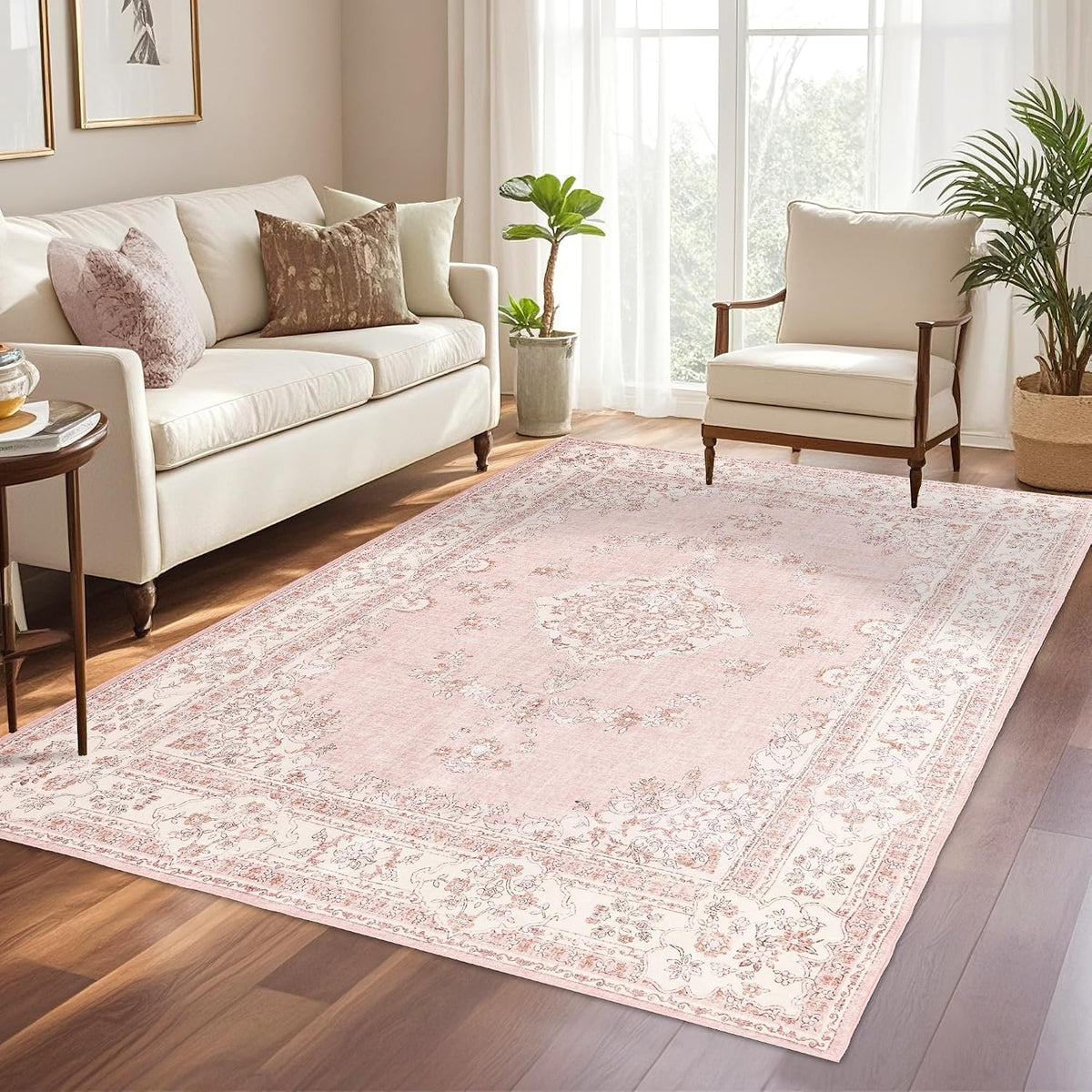 Soft Pink Rug for Girls Room: 5x8 Vintage Washable Carpet Bedroom Nursery