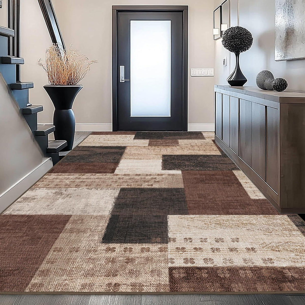 Modern Geometric Patchwork Indoor Area Rug for Living Room, Chocolate 5'x 7' Large Rug Rockwood Collection Hardwood Floors Decor for Bedroom, Brown Throw Carpet for Office Entryway Dining Room