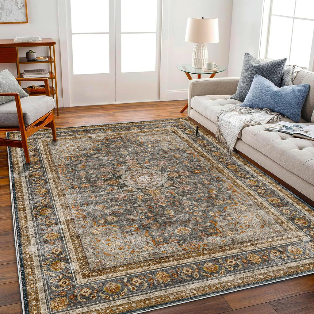 CHAMPLANT 6'x9' Washable Vintage Area Rug Boho Chic Medallion Distressed Design Non-Shedding Easy Care Ideal for High Traffic Areas in Living Room Bedroom Kitchen Office Large Carpet