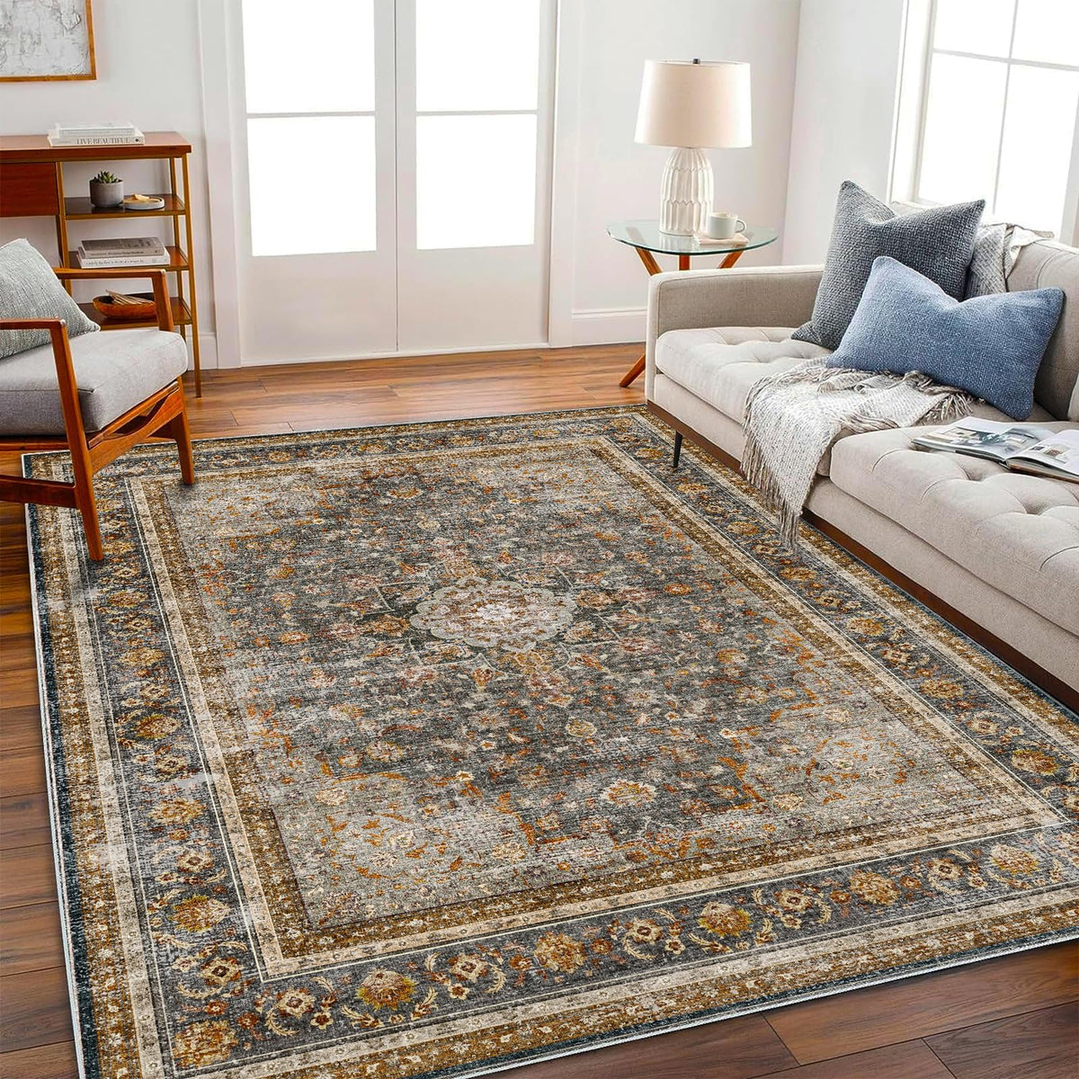 CHAMPLANT 6'x9' Washable Vintage Area Rug Boho Chic Medallion Distressed Design Non-Shedding Easy Care Ideal for High Traffic Areas in Living Room Bedroom Kitchen Office Large Carpet