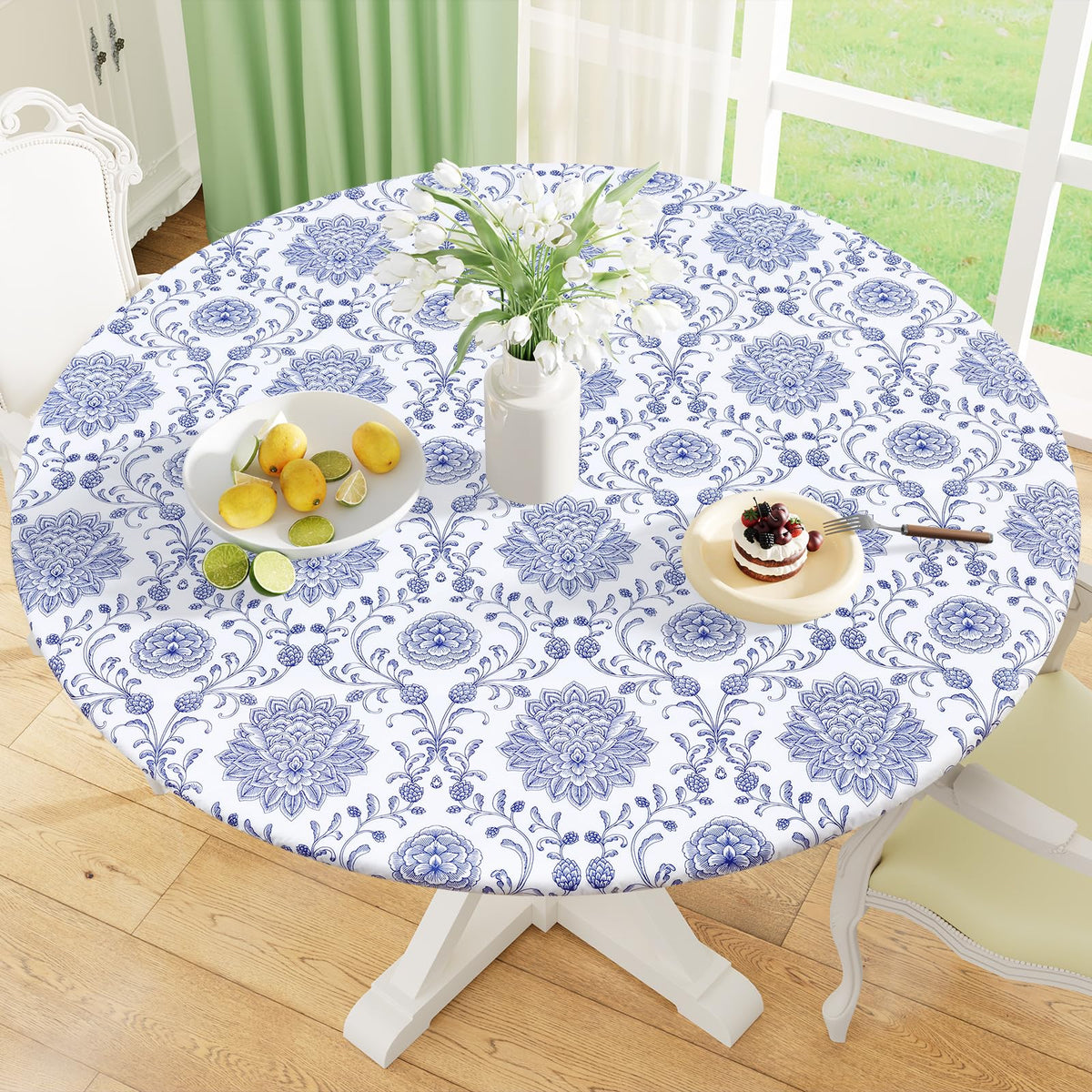 misaya Round Fitted Tablecloth with Elastic Edge, 100% Waterproof Oil Proof Plastic Table Cover, Vinyl Flannel Backed Tablecloth Fits 36"-44" Round Tables for Dinner, Outdoor, Picnic, Flowers