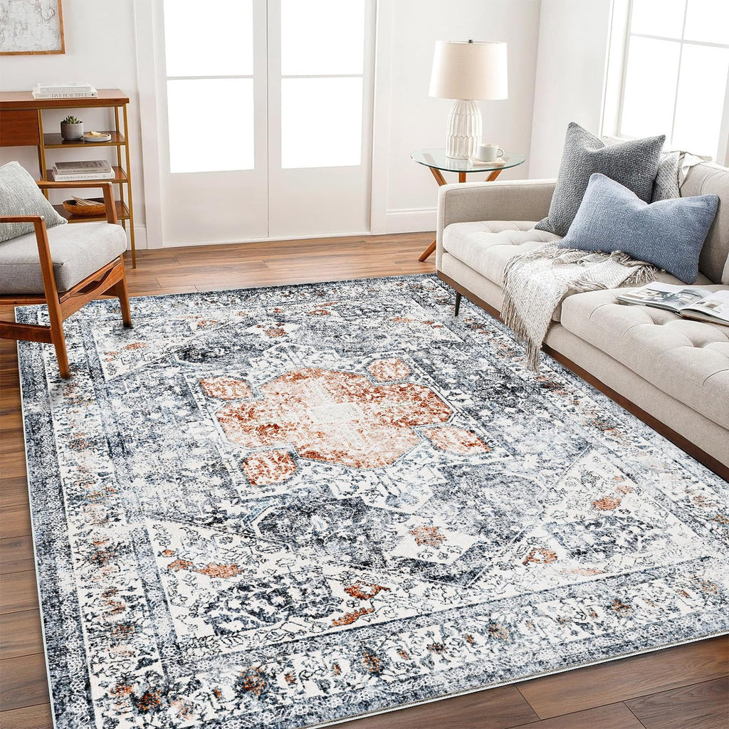 CHAMPLANT 6'x9' Washable Vintage Area Rug Boho Chic Medallion Distressed Design Non-Shedding Easy Care Ideal for High Traffic Areas in Living Room Bedroom Kitchen Office Large Carpet