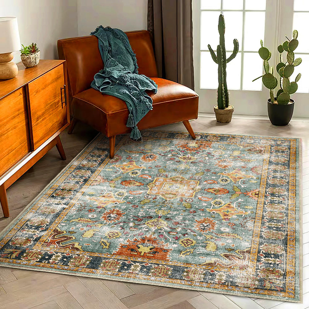 CHAMPLANT 6'x9' Washable Vintage Area Rug Boho Chic Medallion Distressed Design Non-Shedding Easy Care Ideal for High Traffic Areas in Living Room Bedroom Kitchen Office Large Carpet