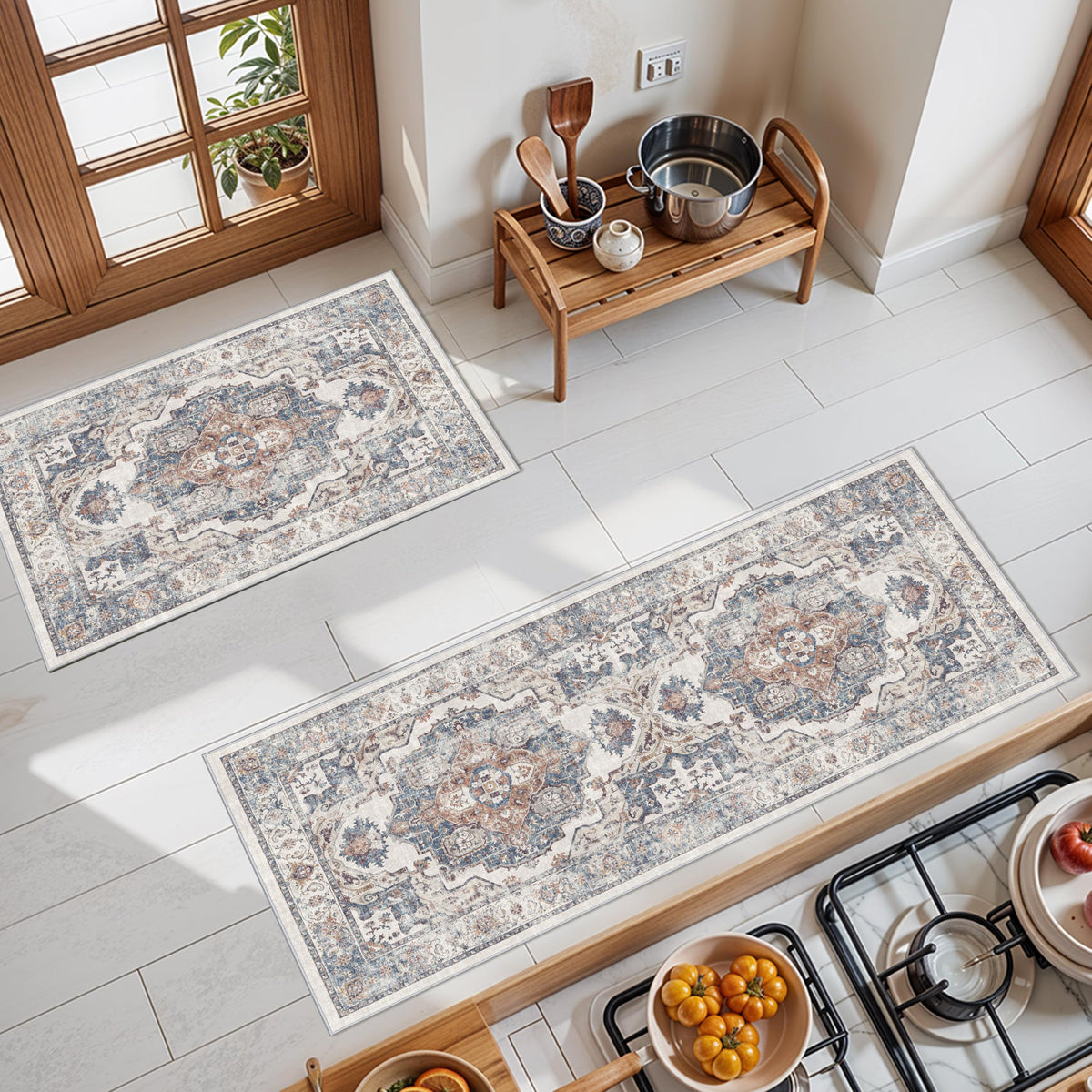 Hallway Washable Runner Rug - 2x10 Kitchen Rugs Entryway Rug Runner Vintage Soft Floor Mat Non Slip Indoor Farmhouse Carpet for Bathroom Living Room Bedroom (2 X 10, Beige)