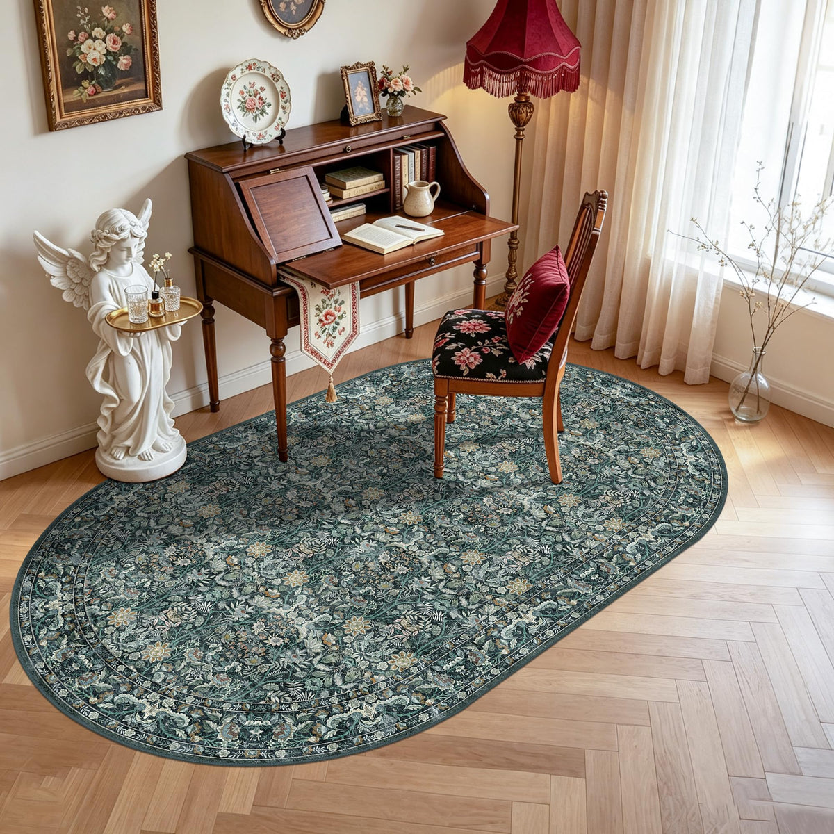 Vintage Botanical Area Rug 8x10: Floral Carpet Non-Slip - Dark Green