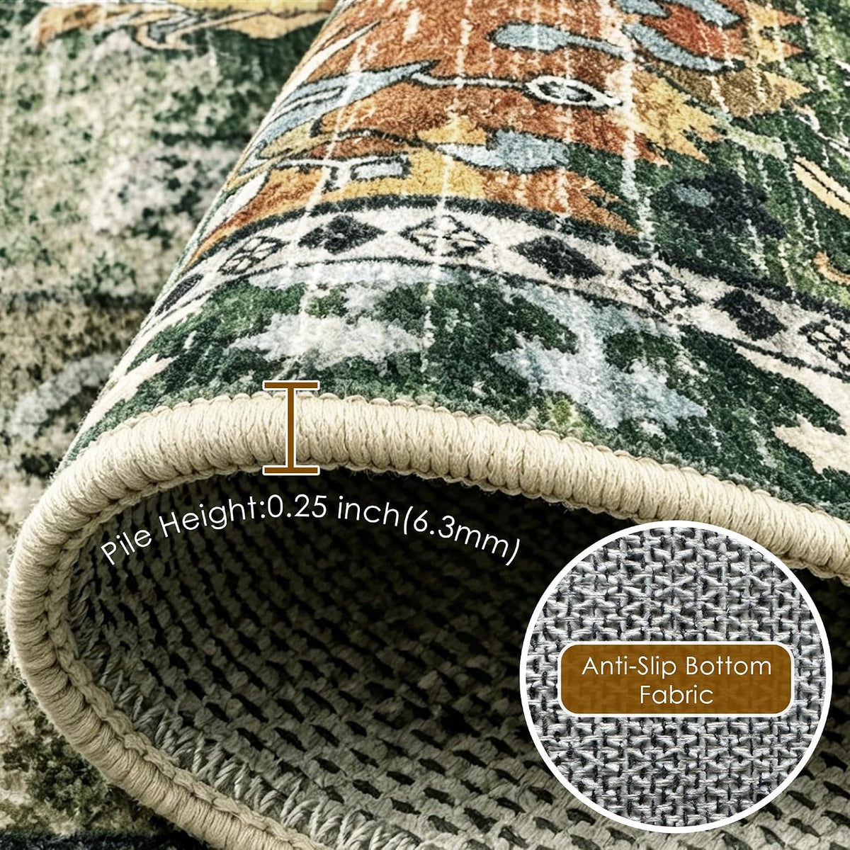 RUGSURE Washable Area Rugs - Perfect for Living Room, Bedroom, Kids Room, Nursery - Stain & Water Resistant Non-Slip, Pet & Child Friendly, Vintage Tribal Area Rugs (Green, 5' x 7')