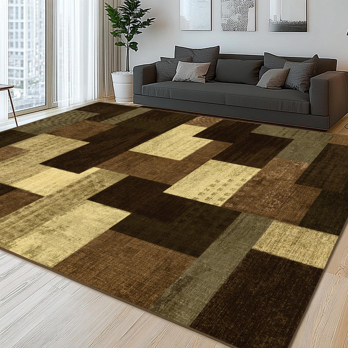 Modern Geometric Patchwork Indoor Area Rug for Living Room, Chocolate 5'x 7' Large Rug Rockwood Collection Hardwood Floors Decor for Bedroom, Brown Throw Carpet for Office Entryway Dining Room