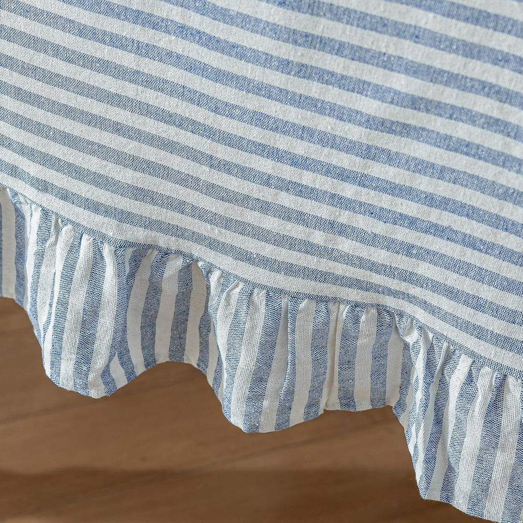 Striped Cotton Blend Tablecloth Ruffled Table Cloth Blue, 60"×120"