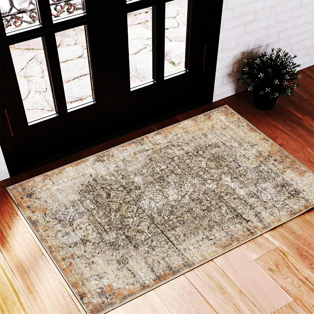 CHAMPLANT 6'x9' Washable Vintage Area Rug Boho Chic Medallion Distressed Design Non-Shedding Easy Care Ideal for High Traffic Areas in Living Room Bedroom Kitchen Office Large Carpet