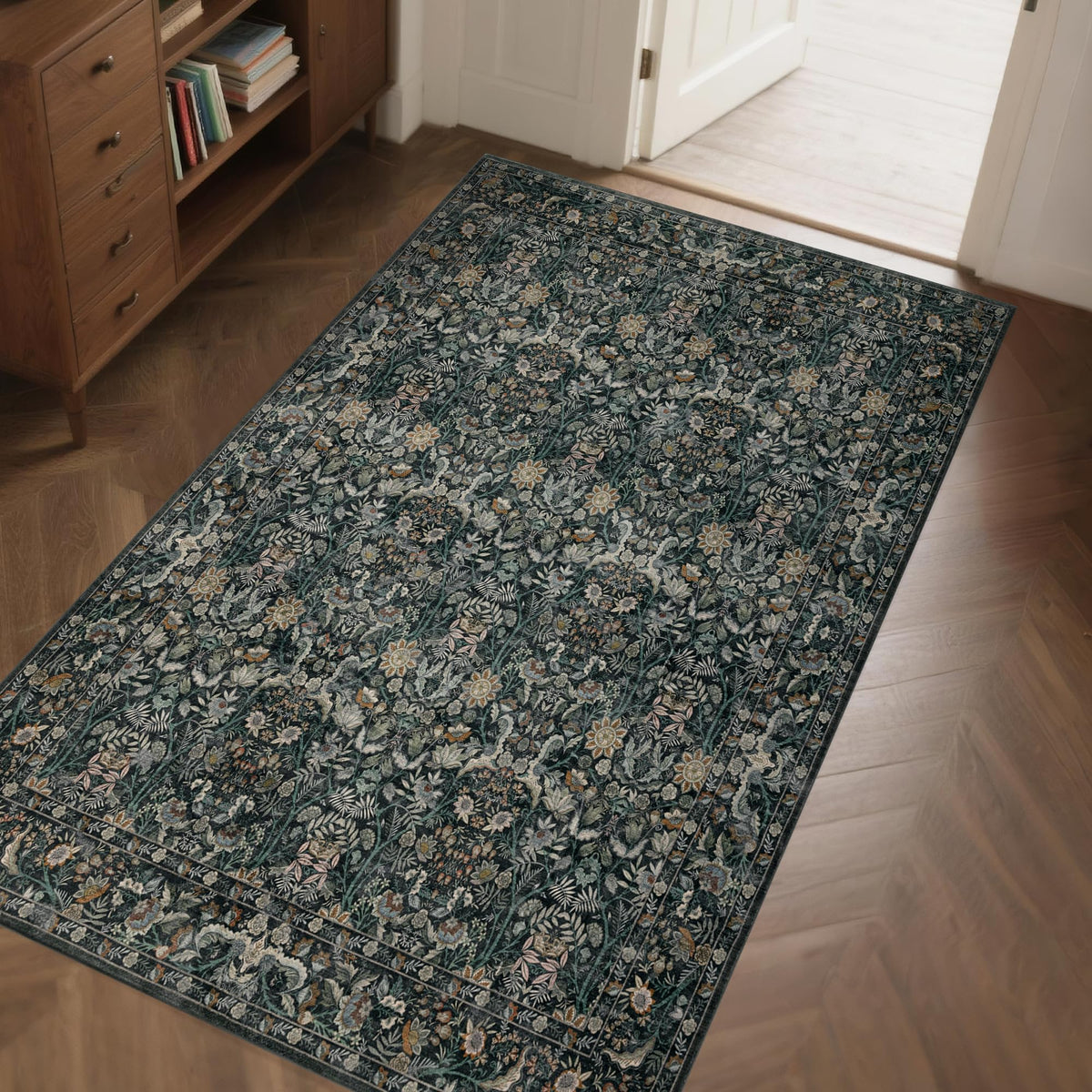 Vintage Botanical Area Rug 8x10: Floral Carpet Non-Slip - Dark Green