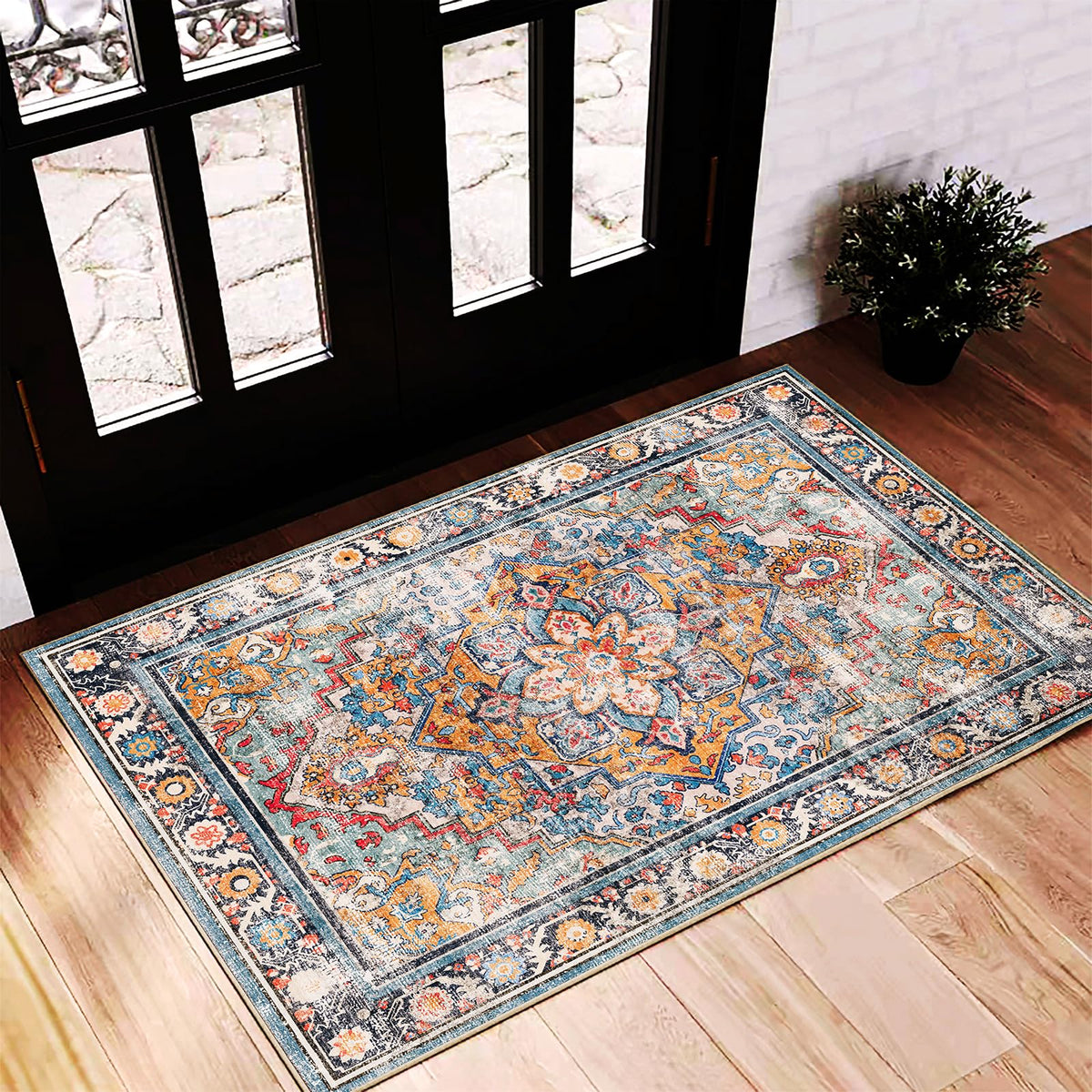 CHAMPLANT 6'x9' Washable Vintage Area Rug Boho Chic Medallion Distressed Design Non-Shedding Easy Care Ideal for High Traffic Areas in Living Room Bedroom Kitchen Office Large Carpet