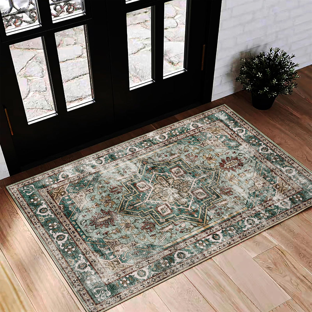 CHAMPLANT 6'x9' Washable Vintage Area Rug Boho Chic Medallion Distressed Design Non-Shedding Easy Care Ideal for High Traffic Areas in Living Room Bedroom Kitchen Office Large Carpet