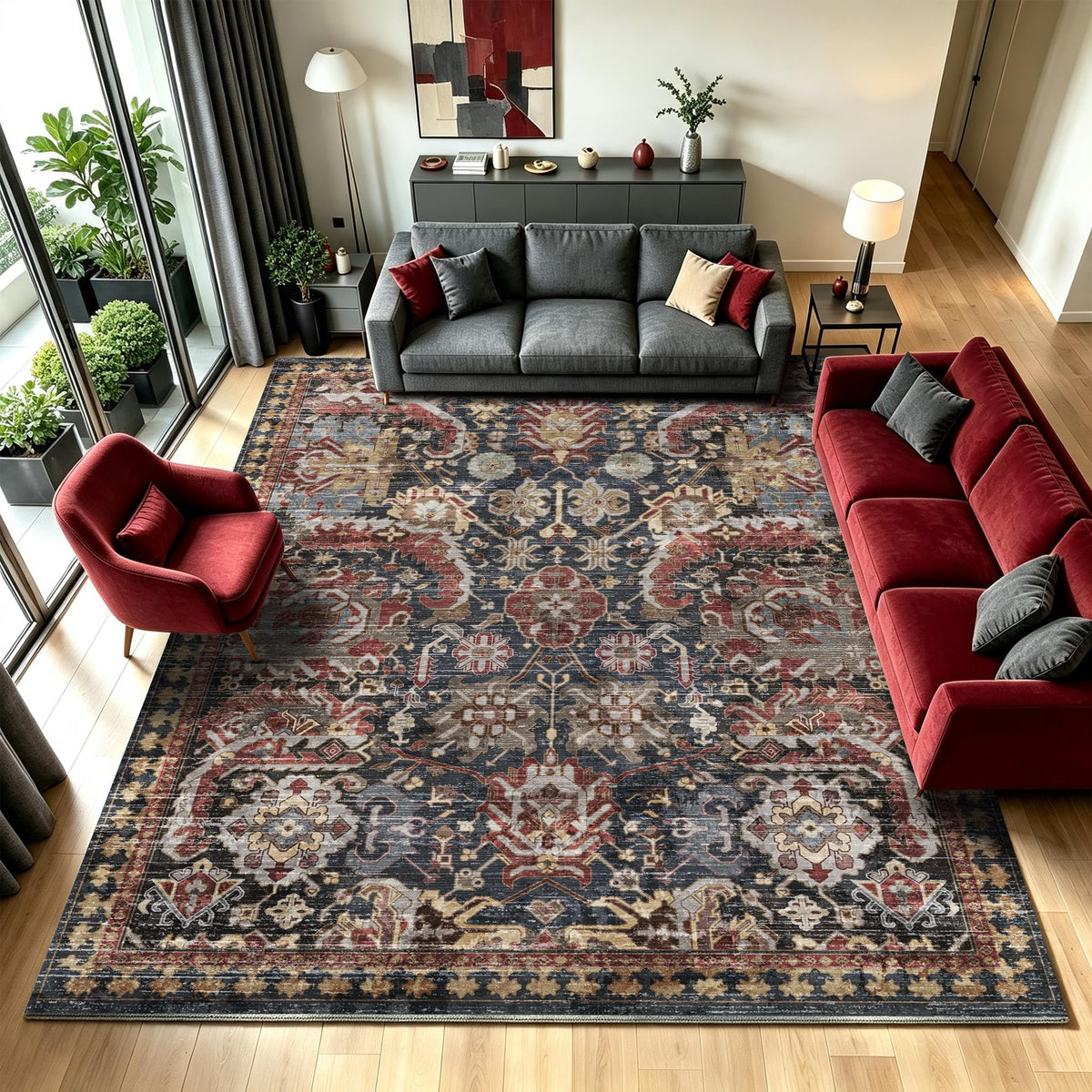 RUGSURE Washable Area Rugs - Perfect for Living Room, Bedroom, Kids Room, Nursery - Stain & Water Resistant Non-Slip, Pet & Child Friendly, Vintage Tribal Area Rugs (Green, 5' x 7')