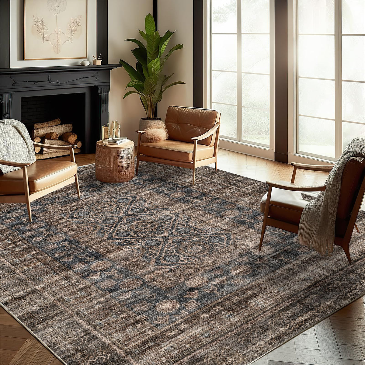 CHAMPLANT 6'x9' Washable Vintage Area Rug Boho Chic Medallion Distressed Design Non-Shedding Easy Care Ideal for High Traffic Areas in Living Room Bedroom Kitchen Office Large Carpet
