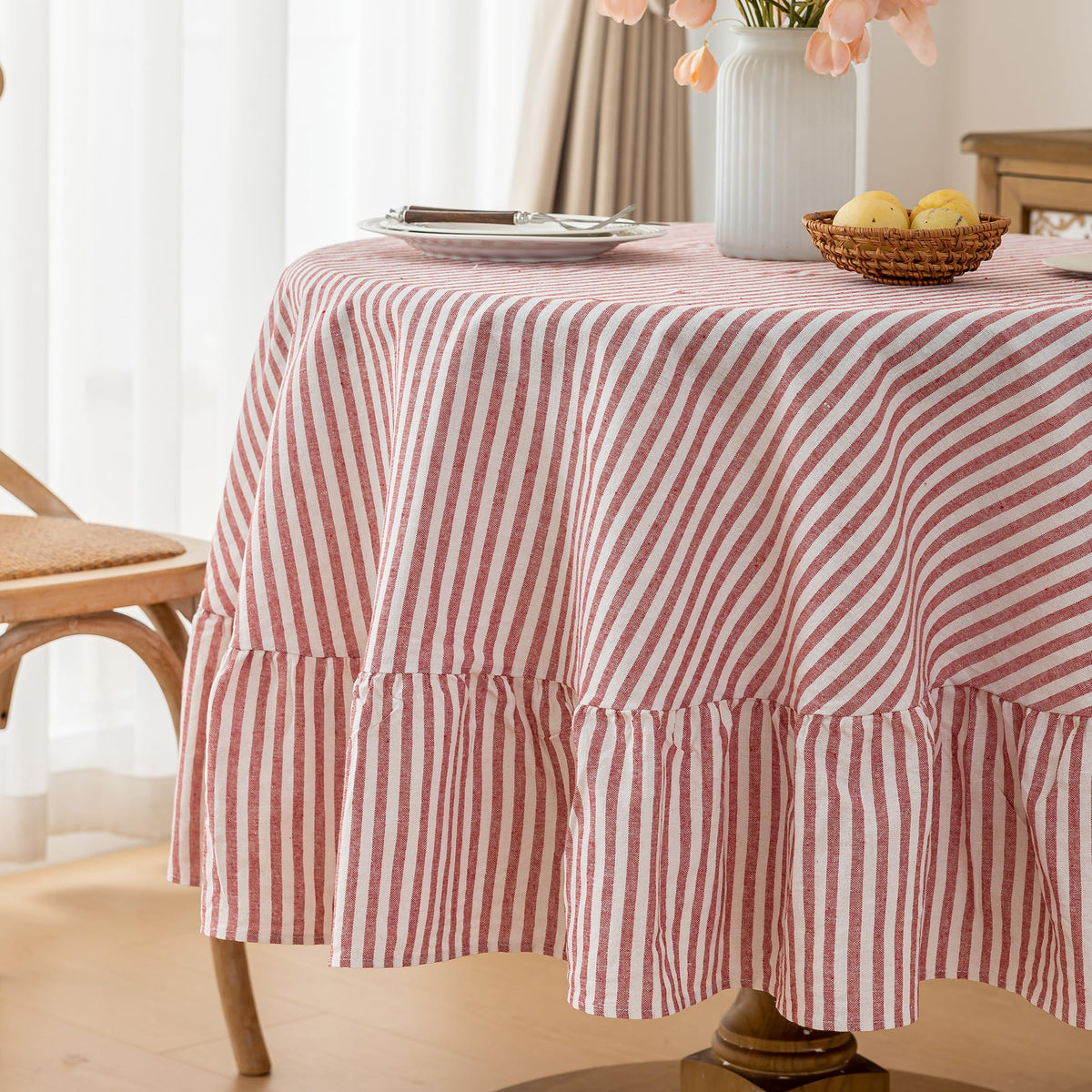 Striped Cotton Blend Tablecloth Ruffled Table Cloth Blue, 60"×120"