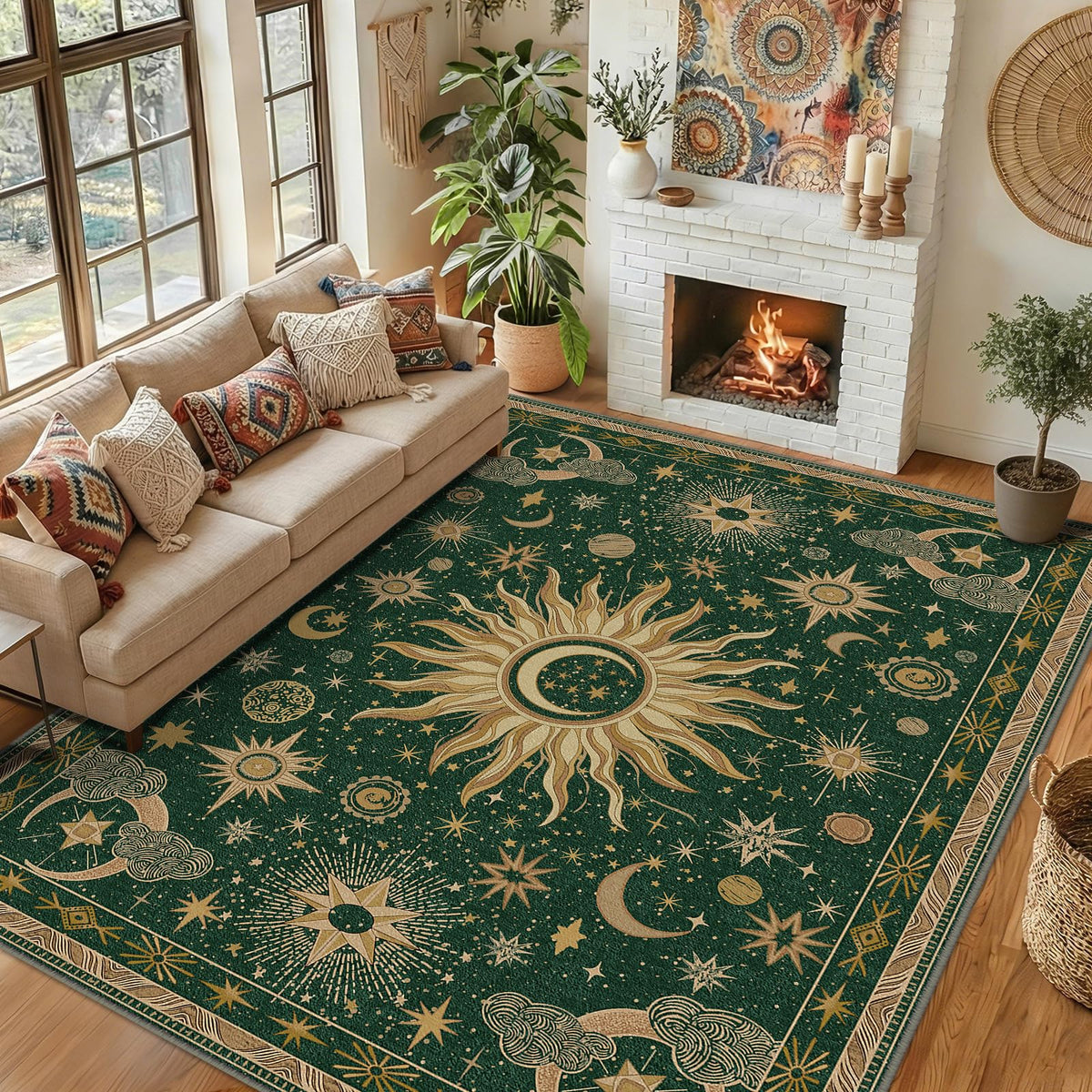 Vacuum-Friendly, 5x7 Washable Area Rug, Black Gold Beige Red