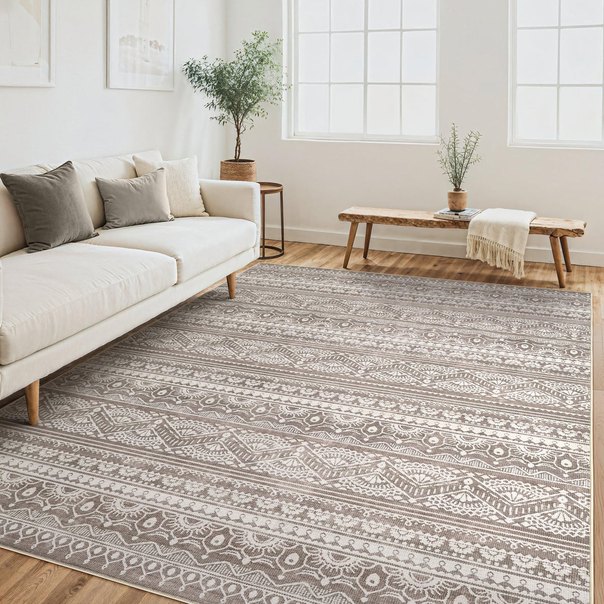Tortania Area Rug Living Room Rugs - 5x7 Washable Large Soft Neutral Boho Moroccan Bohemian Farmhouse Rug Indoor Floor Carpet for Bedroom Under Dining Table Home Office Decor - Cream Brown
