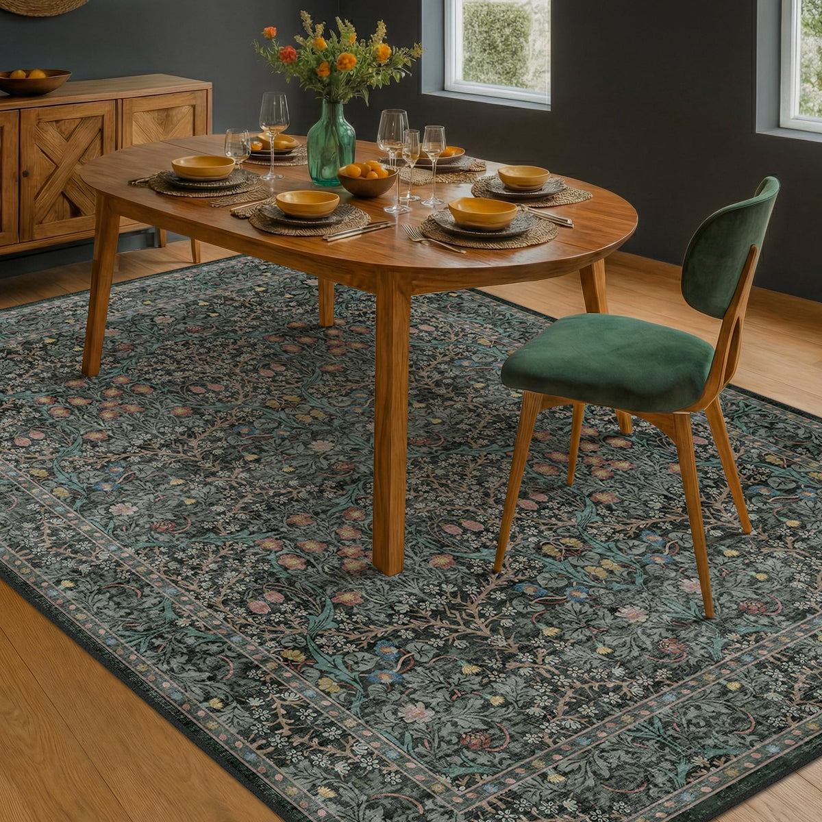 Vintage Floral Dark Green 3x5 Area Rugs for Entryway, Kitchen, Bedroom Beside Rug, Laundry Room, Non-Slip Low Pile Ultra Soft Stain Resistant Small Carpet