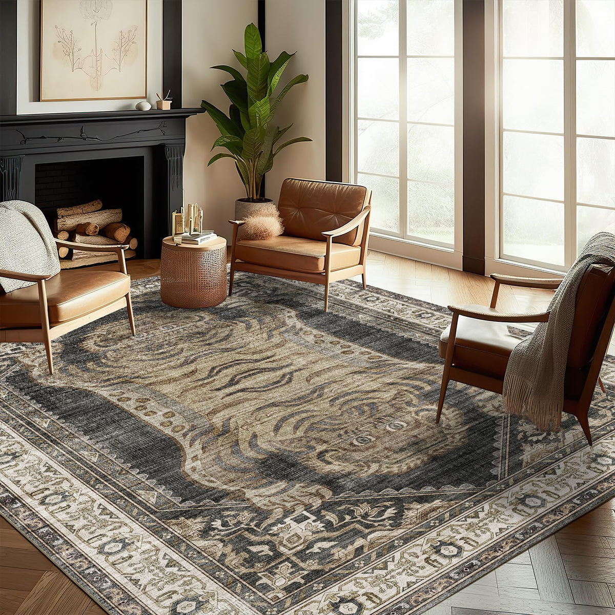 CHAMPLANT 6'x9' Washable Vintage Area Rug Boho Chic Medallion Distressed Design Non-Shedding Easy Care Ideal for High Traffic Areas in Living Room Bedroom Kitchen Office Large Carpet
