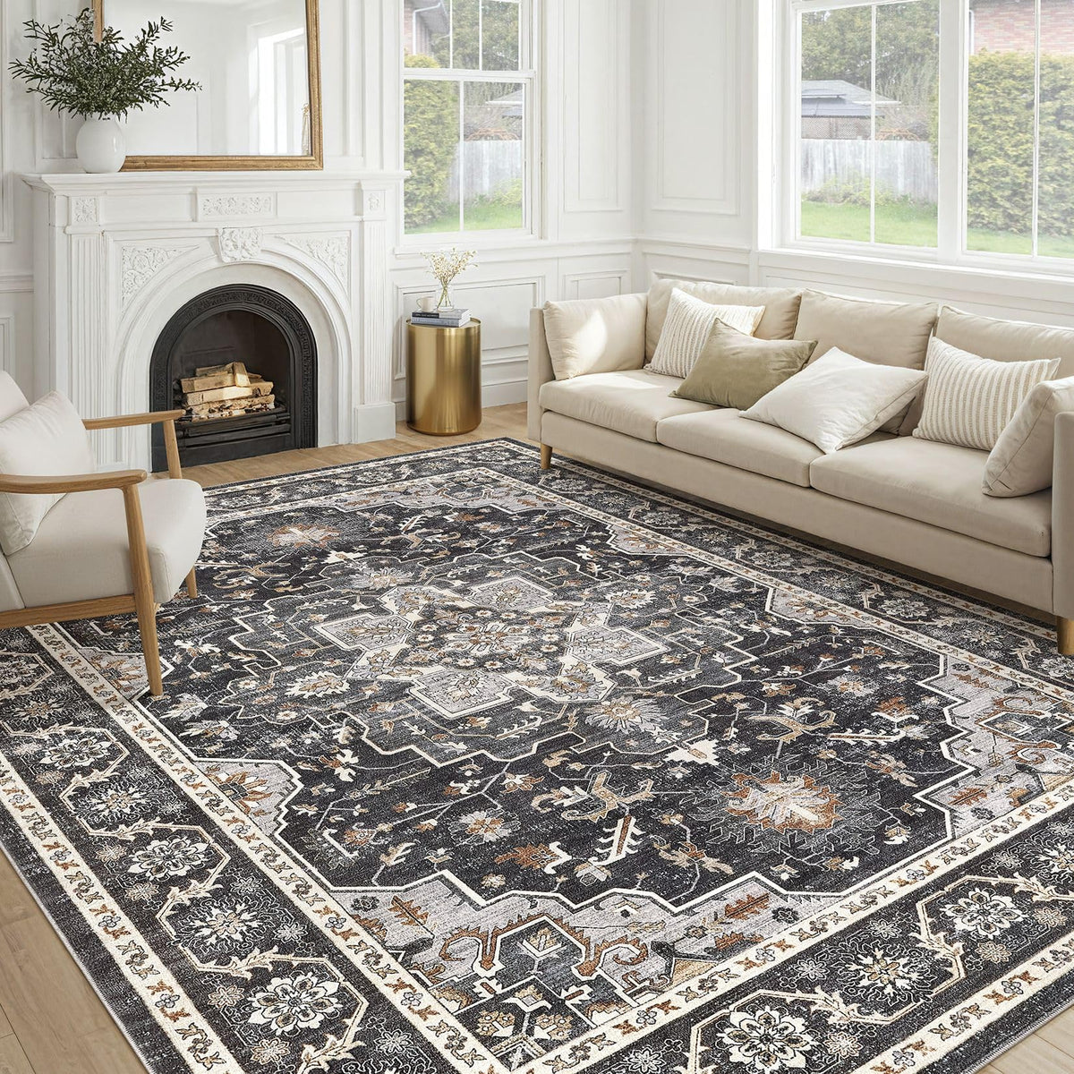 cotiled 5x7 Area Rug for Living Room, Washable, Traditional, Beige