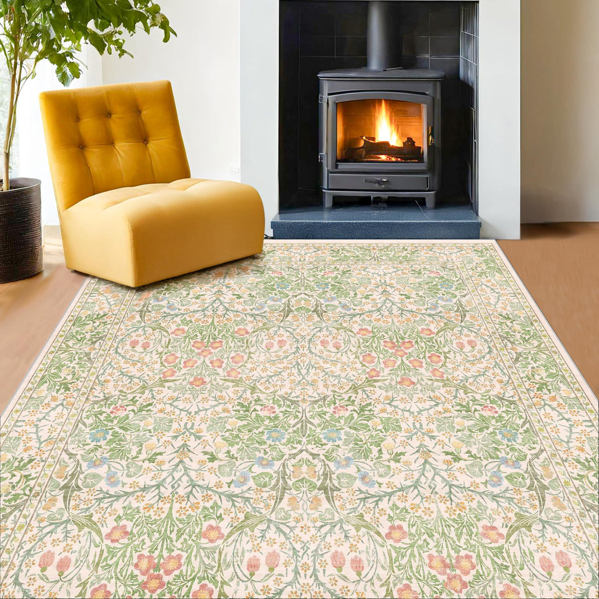 Vintage Floral Dark Green 3x5 Area Rugs for Entryway, Kitchen, Bedroom Beside Rug, Laundry Room, Non-Slip Low Pile Ultra Soft Stain Resistant Small Carpet