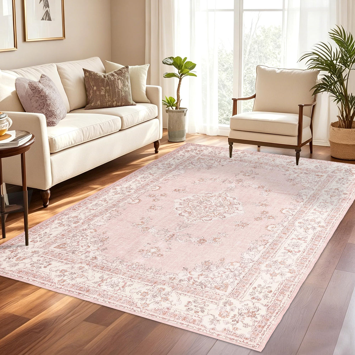 Soft Pink Rug for Girls Room: 5x8 Vintage Washable Carpet Bedroom Nursery