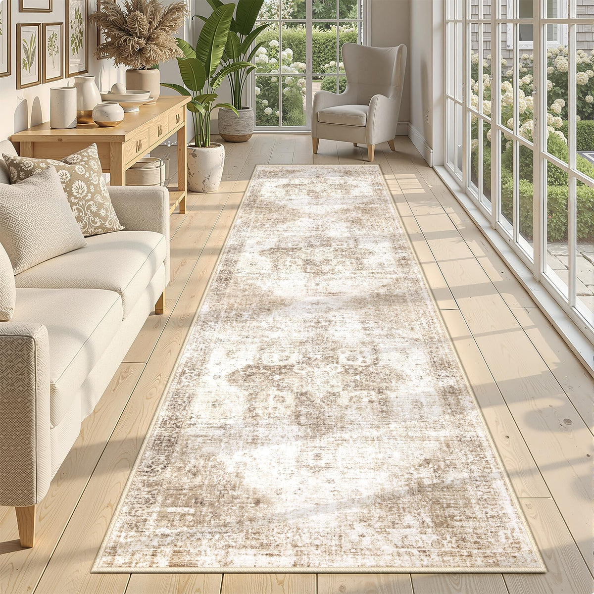 Area Rug 8x10 Washable Rug, Vintage Boho Medallion Rugs Non-Slip Soft Low Pile Large Distressed Rug Indoor Retro Carpet for Living Room Bedroom Dining Room Office Children's Room(Beige, 8'x10')