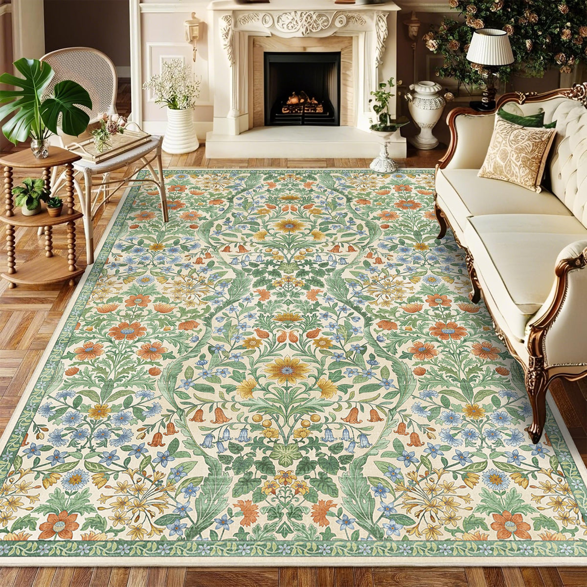 Floral Area Rug 5x7 Botanical Washable Carpet for Living Room