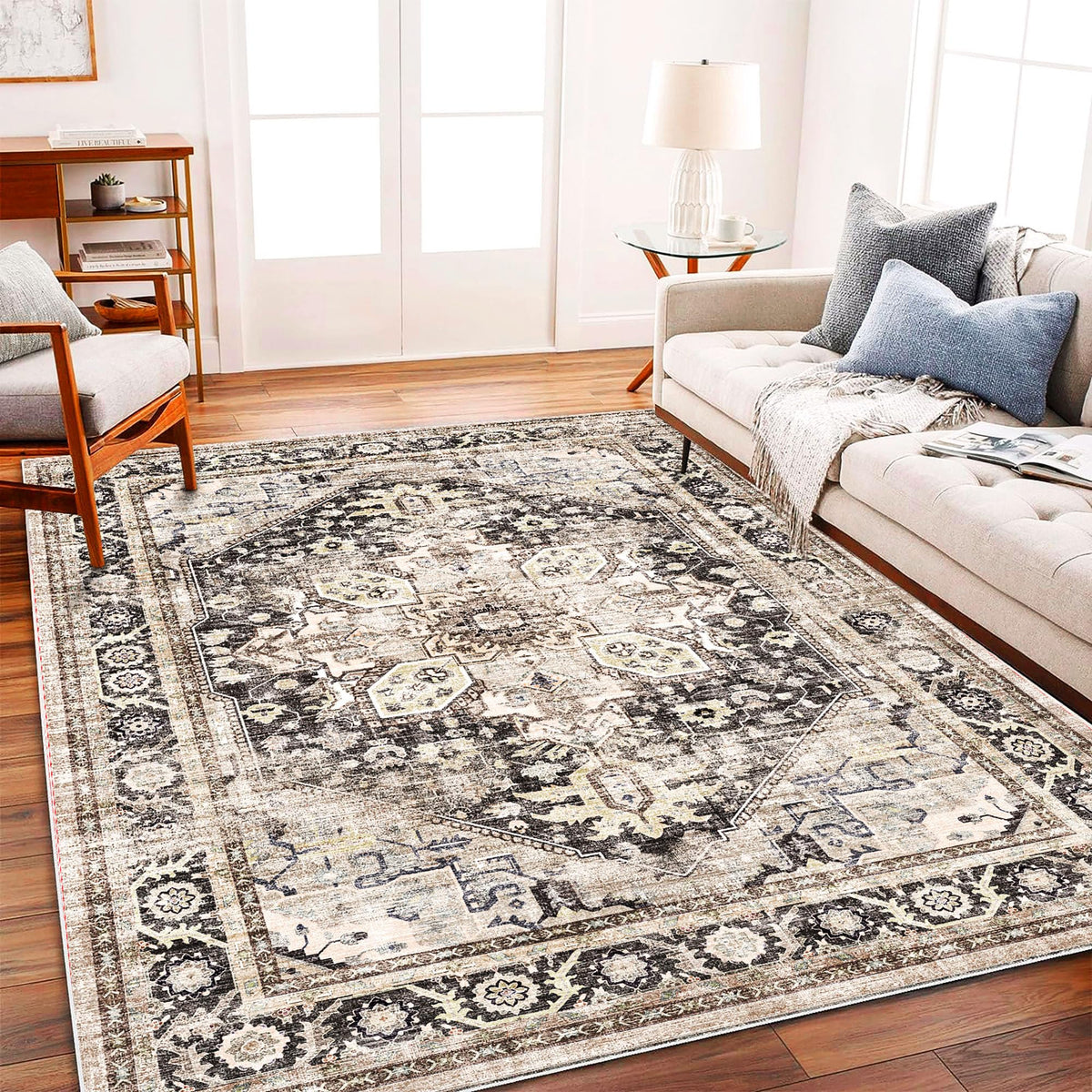 CHAMPLANT 6'x9' Washable Vintage Area Rug Boho Chic Medallion Distressed Design Non-Shedding Easy Care Ideal for High Traffic Areas in Living Room Bedroom Kitchen Office Large Carpet