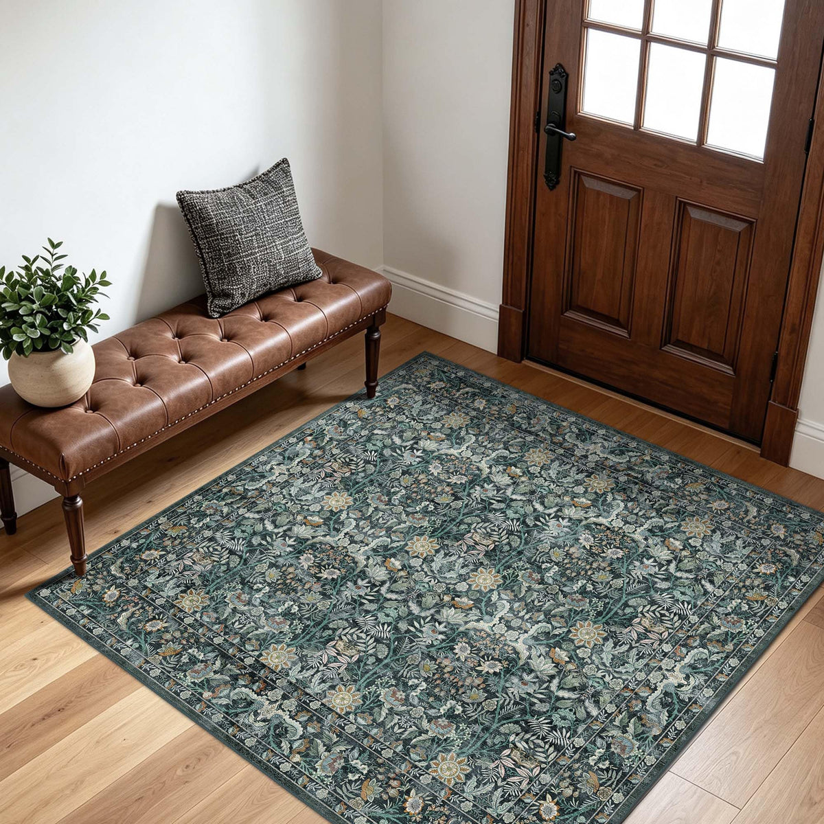 Vintage Botanical Area Rug 8x10: Floral Carpet Non-Slip - Dark Green