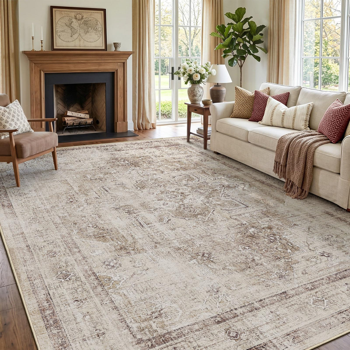 Vintage Dark Green Area Rugs 5x7 for Living Room, Tranditional Distressed Medallion Printed Low Pile Thin Rugs for Bedroom, Non Slip Washable Carpet Rugs for Dining Room/Kitchen/Home Office
