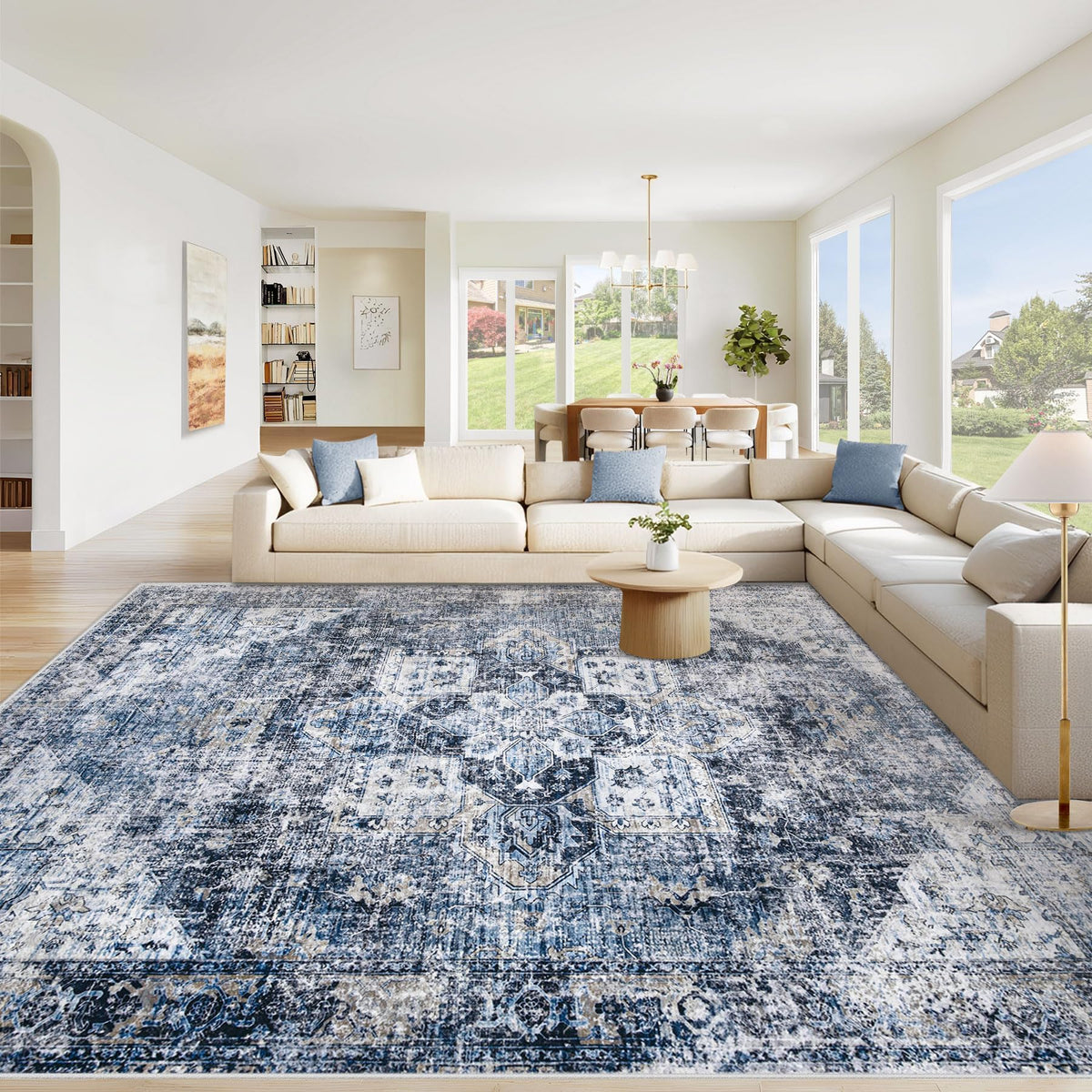 Area Rug 8x10 Washable Rug, Vintage Boho Medallion Rugs Non-Slip Soft Low Pile Large Distressed Rug Indoor Retro Carpet for Living Room Bedroom Dining Room Office Children's Room(Beige, 8'x10')