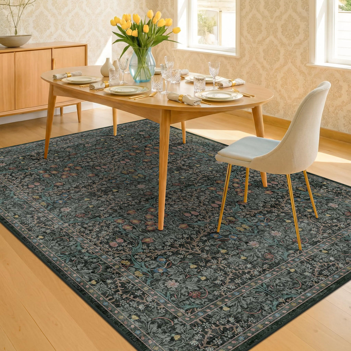 Vintage Floral Dark Green 3x5 Area Rugs for Entryway, Kitchen, Bedroom Beside Rug, Laundry Room, Non-Slip Low Pile Ultra Soft Stain Resistant Small Carpet