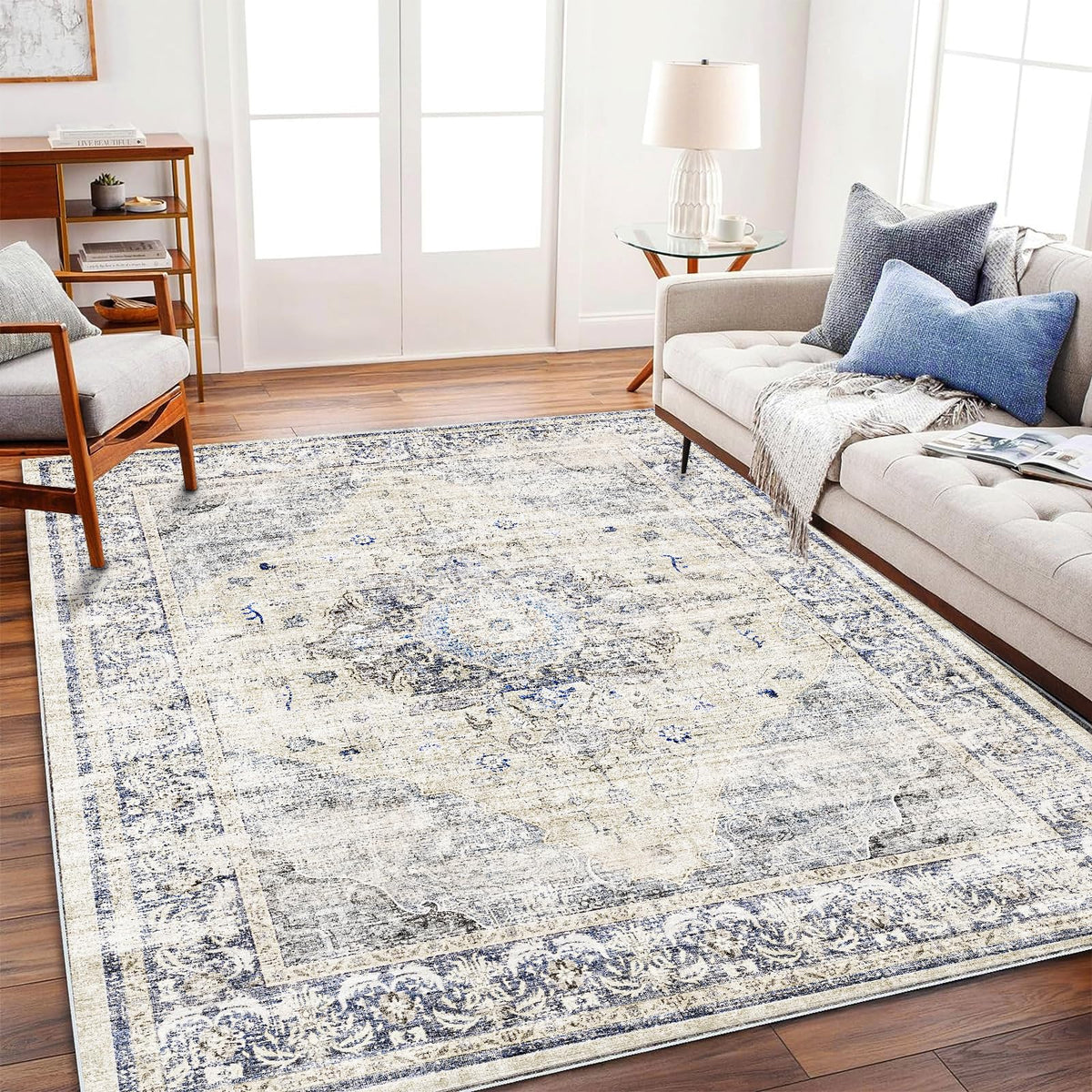 CHAMPLANT 6'x9' Washable Vintage Area Rug Boho Chic Medallion Distressed Design Non-Shedding Easy Care Ideal for High Traffic Areas in Living Room Bedroom Kitchen Office Large Carpet
