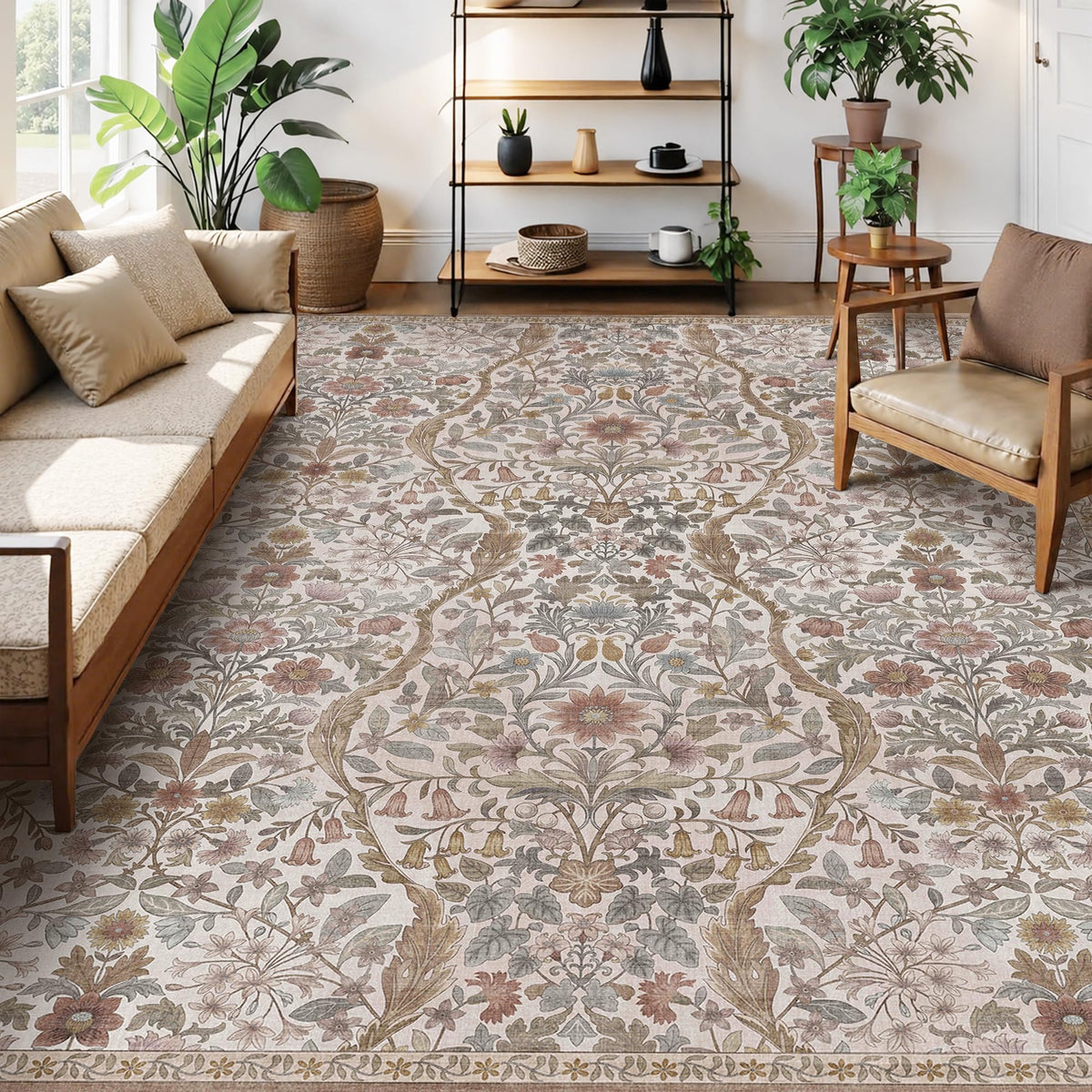 Floral Area Rug 5x7 Botanical Washable Carpet for Living Room