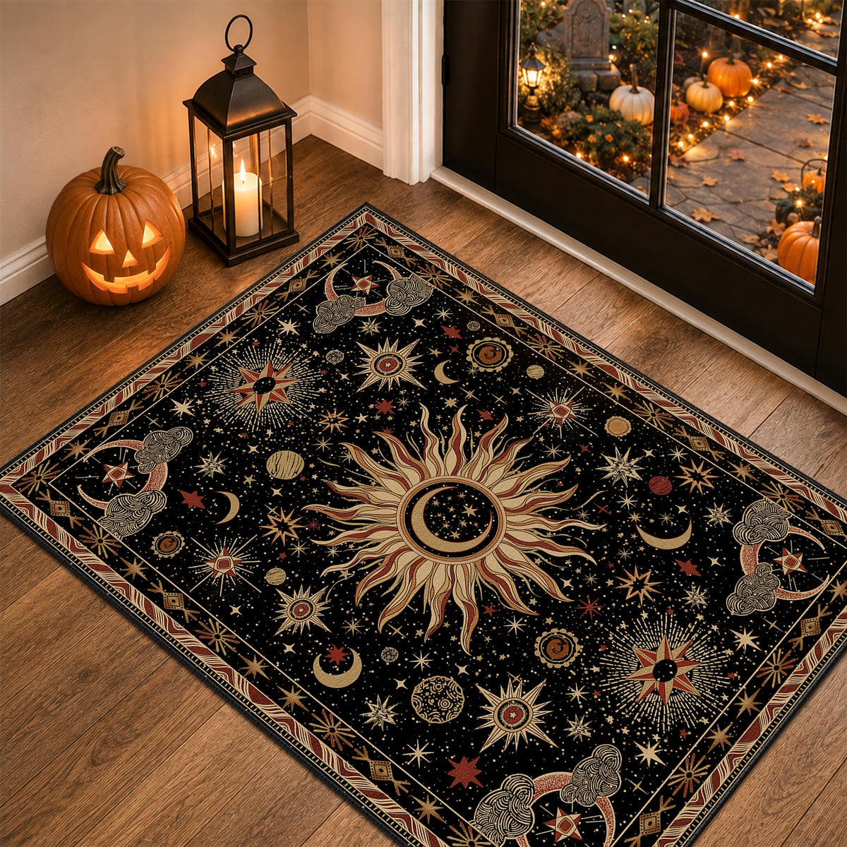 Vacuum-Friendly, 5x7 Washable Area Rug, Black Gold Beige Red