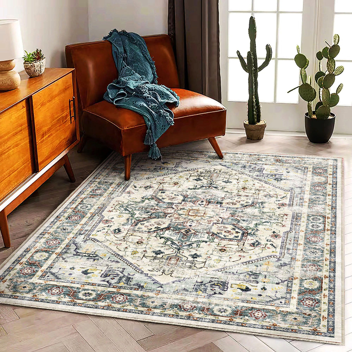 CHAMPLANT 6'x9' Washable Vintage Area Rug Boho Chic Medallion Distressed Design Non-Shedding Easy Care Ideal for High Traffic Areas in Living Room Bedroom Kitchen Office Large Carpet