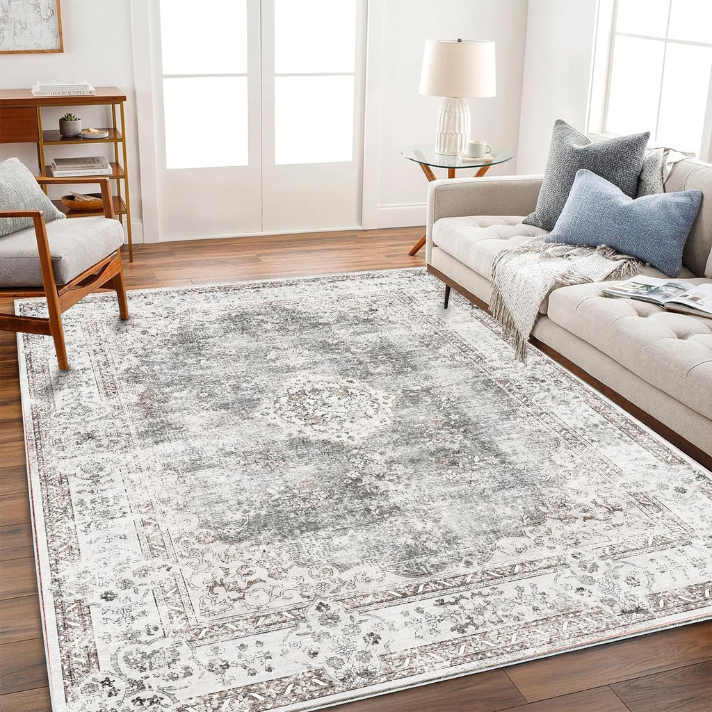 CHAMPLANT 6'x9' Washable Vintage Area Rug Boho Chic Medallion Distressed Design Non-Shedding Easy Care Ideal for High Traffic Areas in Living Room Bedroom Kitchen Office Large Carpet