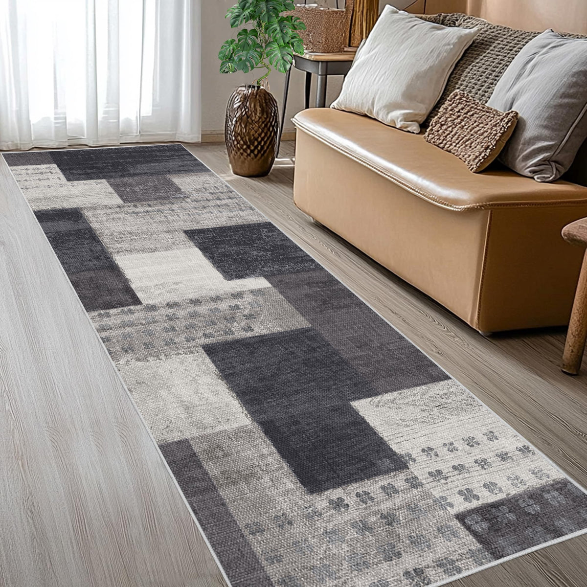 Modern Geometric Patchwork Indoor Area Rug for Living Room, Chocolate 5'x 7' Large Rug Rockwood Collection Hardwood Floors Decor for Bedroom, Brown Throw Carpet for Office Entryway Dining Room