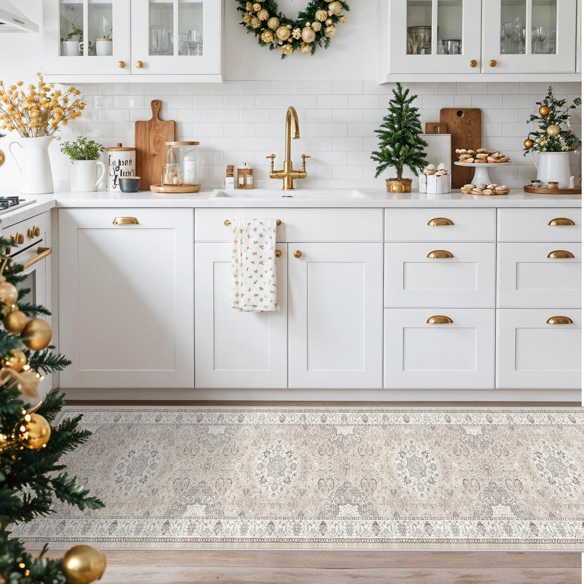 Hallway Washable Runner Rug - 2x10 Kitchen Rugs Entryway Rug Runner Vintage Soft Floor Mat Non Slip Indoor Farmhouse Carpet for Bathroom Living Room Bedroom (2 X 10, Beige)