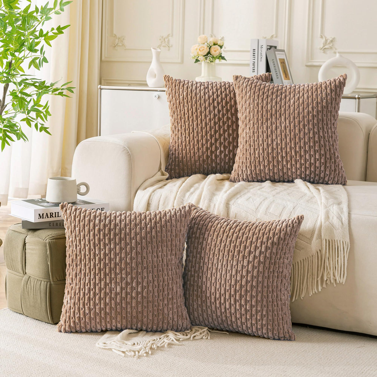 Set of 4 Neutral Decorative Throw Pillow Covers 18x18 Inch Corduroy Pillow Covers for Bed Couch Sofa Living Room Soft Square Cushion Cases