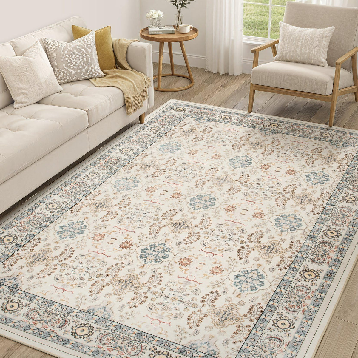 cotiled 5x7 Area Rug for Living Room, Washable, Traditional, Beige