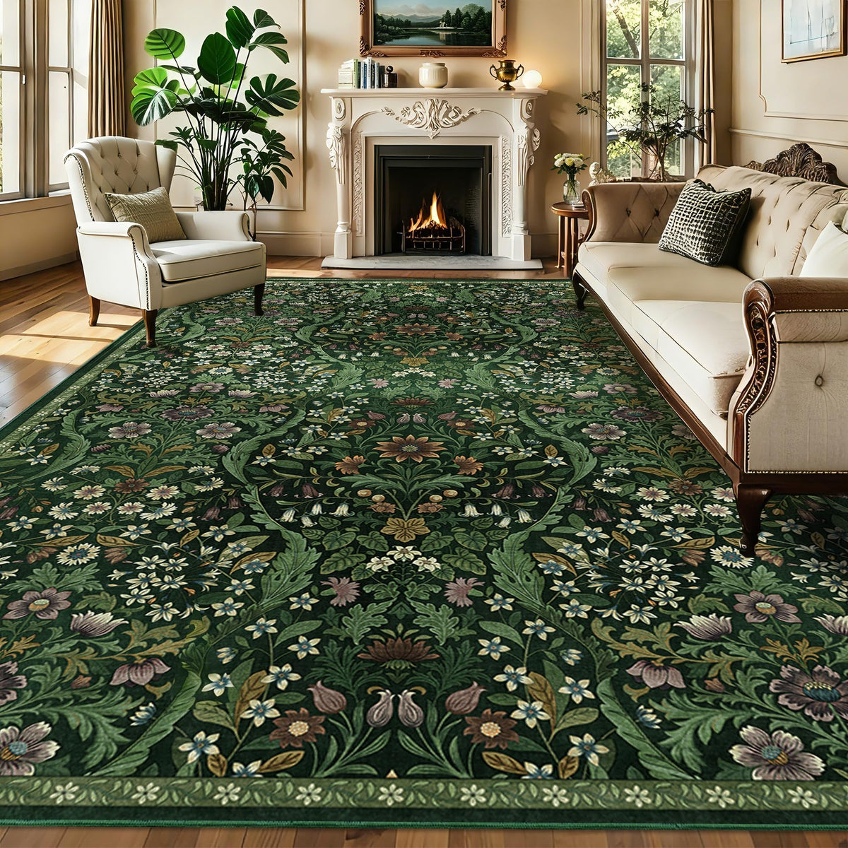 Floral Area Rug 5x7 Botanical Washable Carpet for Living Room
