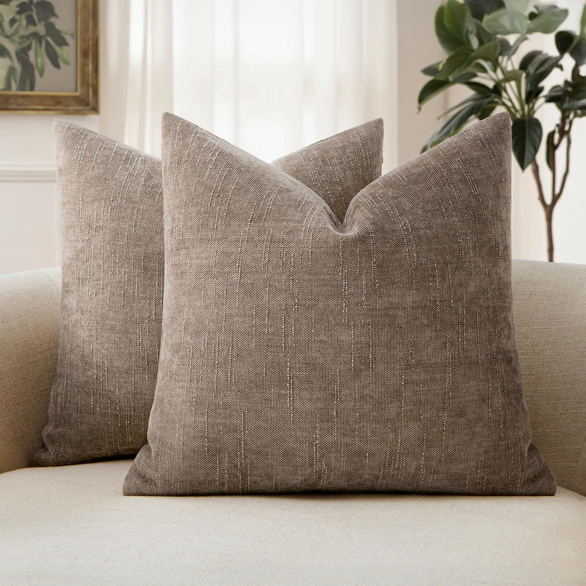 MIULEE Textured Chenille Throw Pillow Covers 20x20 Inch Taupe Grey